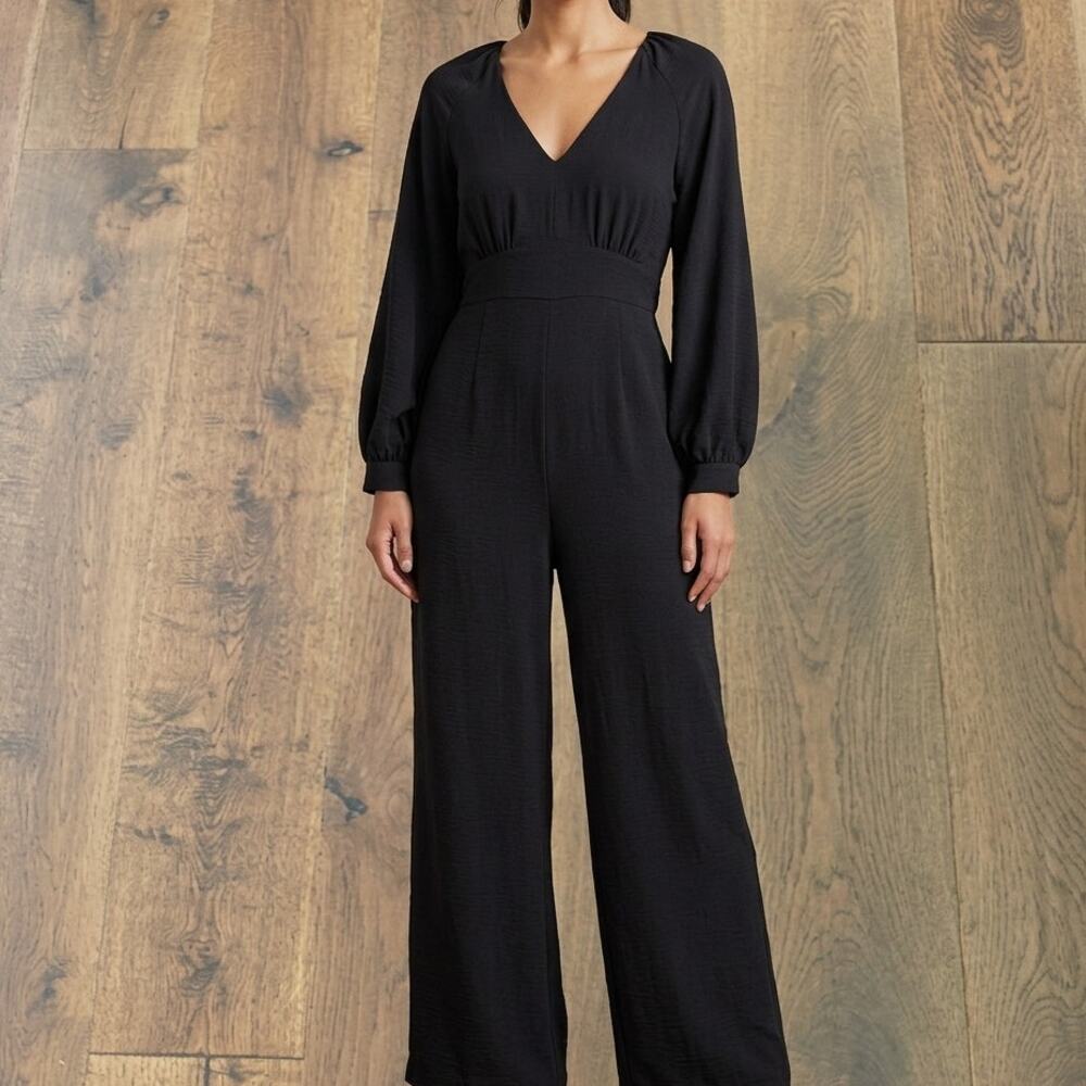 ZARA Long Sleeve V Neck Wide Leg Jumpsuit Color Black Womens Size Medium